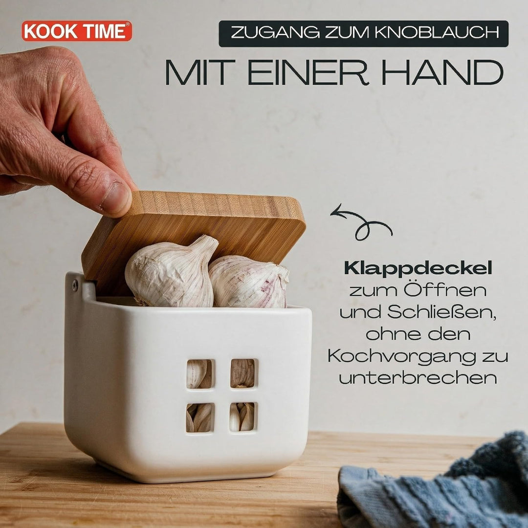 KOOK TIME Knoblauch Dose - Matt Weiss Keramik Knoblauchtopf mit Bambusholz Deckel, Perfekte Knoblauc