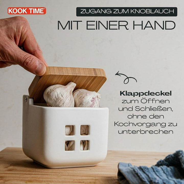 KOOK TIME Knoblauch Dose - Matt Weiss Keramik Knoblauchtopf mit Bambusholz Deckel, Perfekte Knoblauc