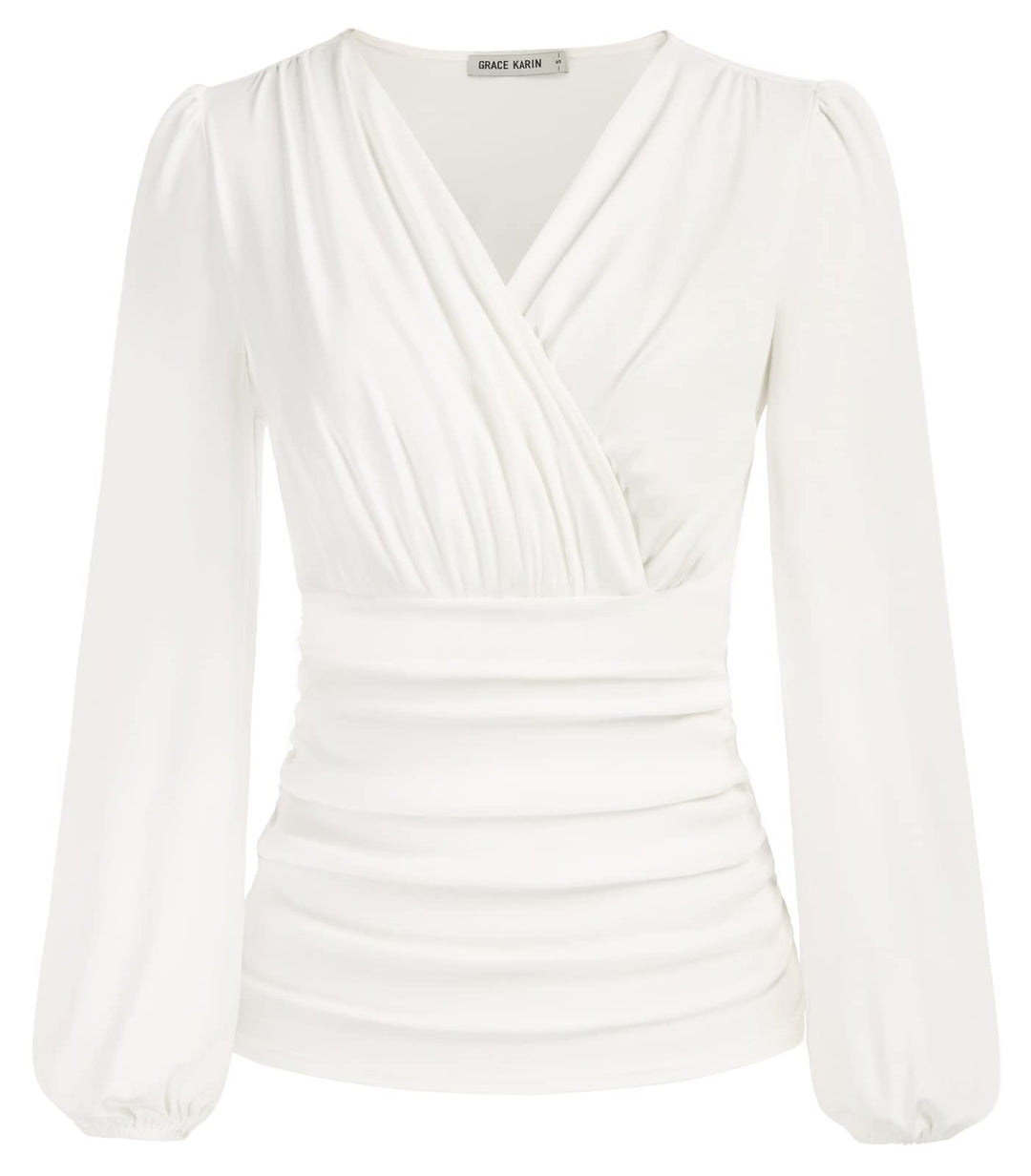 GRACE KARIN Damen V-Ausschnitt Bluse Elegant Wickelbluse Laterne Langarm Slim Fit Plissee-Top Tunika