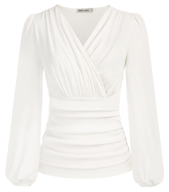 GRACE KARIN Damen V-Ausschnitt Bluse Elegant Wickelbluse Laterne Langarm Slim Fit Plissee-Top Tunika