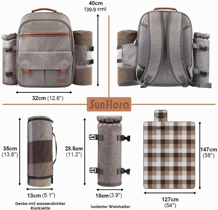 Sunflora Isolierter Picknick-Rucksack für 2 Personen Tasche mit Kühlfach, Weinbeutel, Decke und Edel