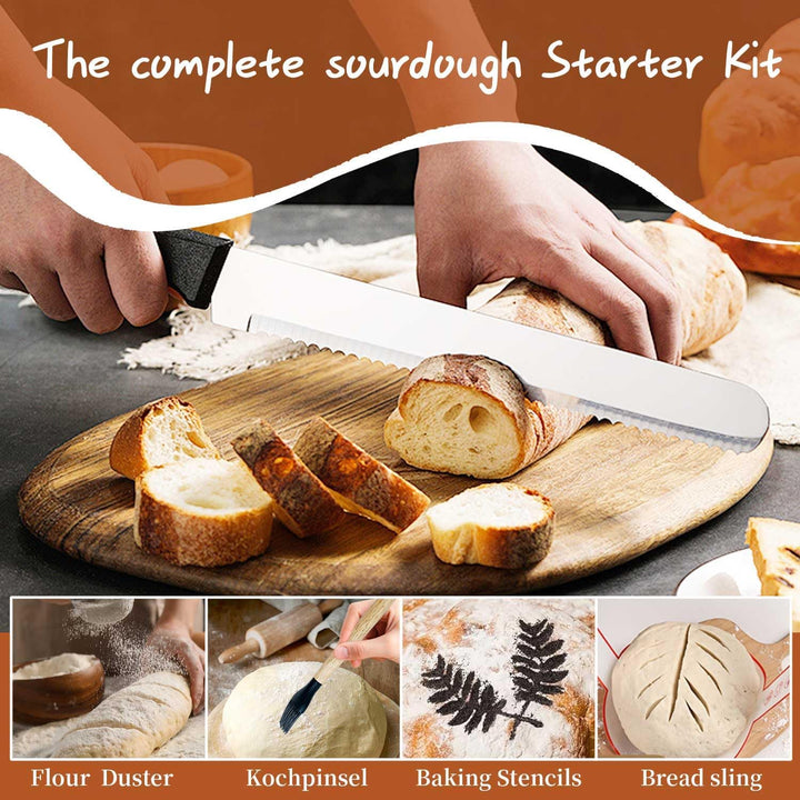 Bread Sauerteig Starter Set, Sauerteig Zubehör mit 2 Gärkorb Brot (23cm Runde & 25cm Ovale), 700ml G