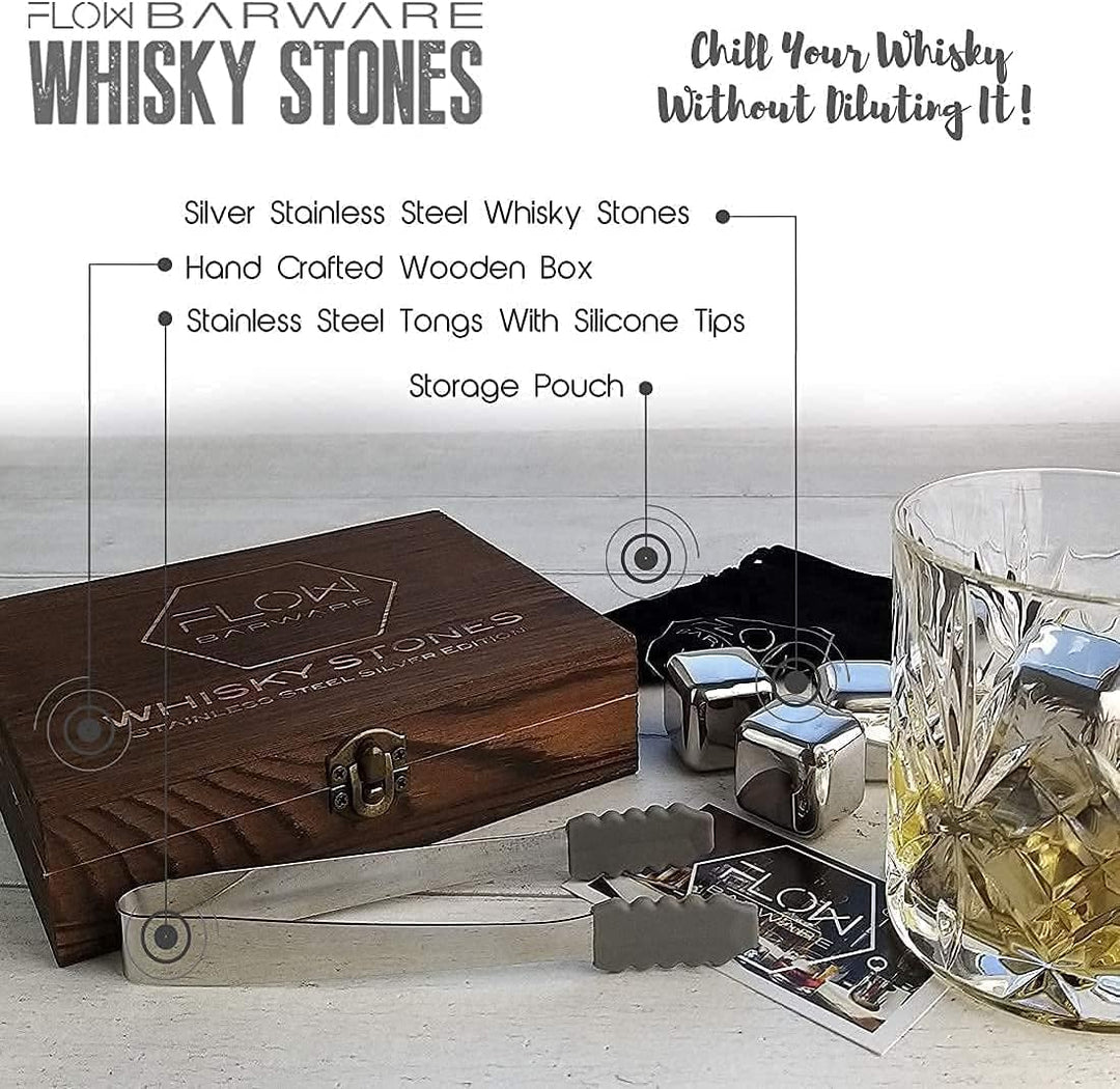 FLOW Barware Whisky-Steine, Geschenk-Set mit Eiszange und Aufbewahrungstasche, Wiederverwendbare Eis