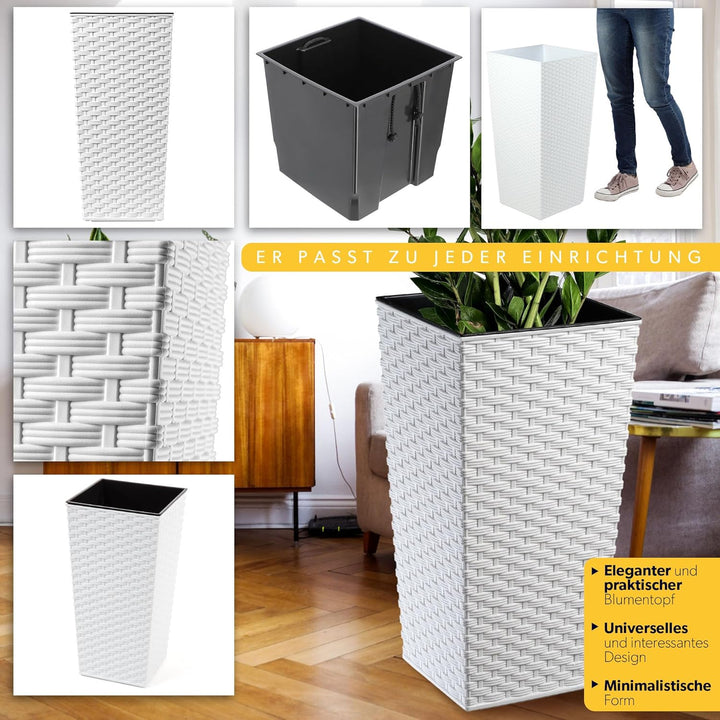 KADAX Pflanzkübel mit Innentopf, Höhe 68cm, Weiss Rattan – Wetterfester Blumentopf für Innen & Ausse