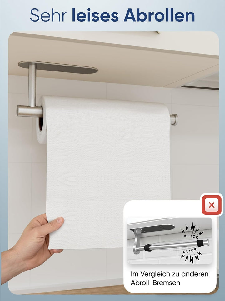 WOHNHELD® Küchenrollenhalter ohne Bohren [Mit Abroll-Bremse] für einhändiges Abreissen - Edelstahl S