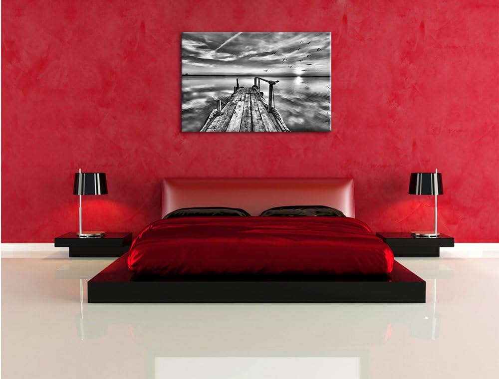 Pixxprint Steg mit Möwen bei Sonnenuntergang / 100x70cm Leinwandbild bespannt auf Holzrahmen/Wandbil