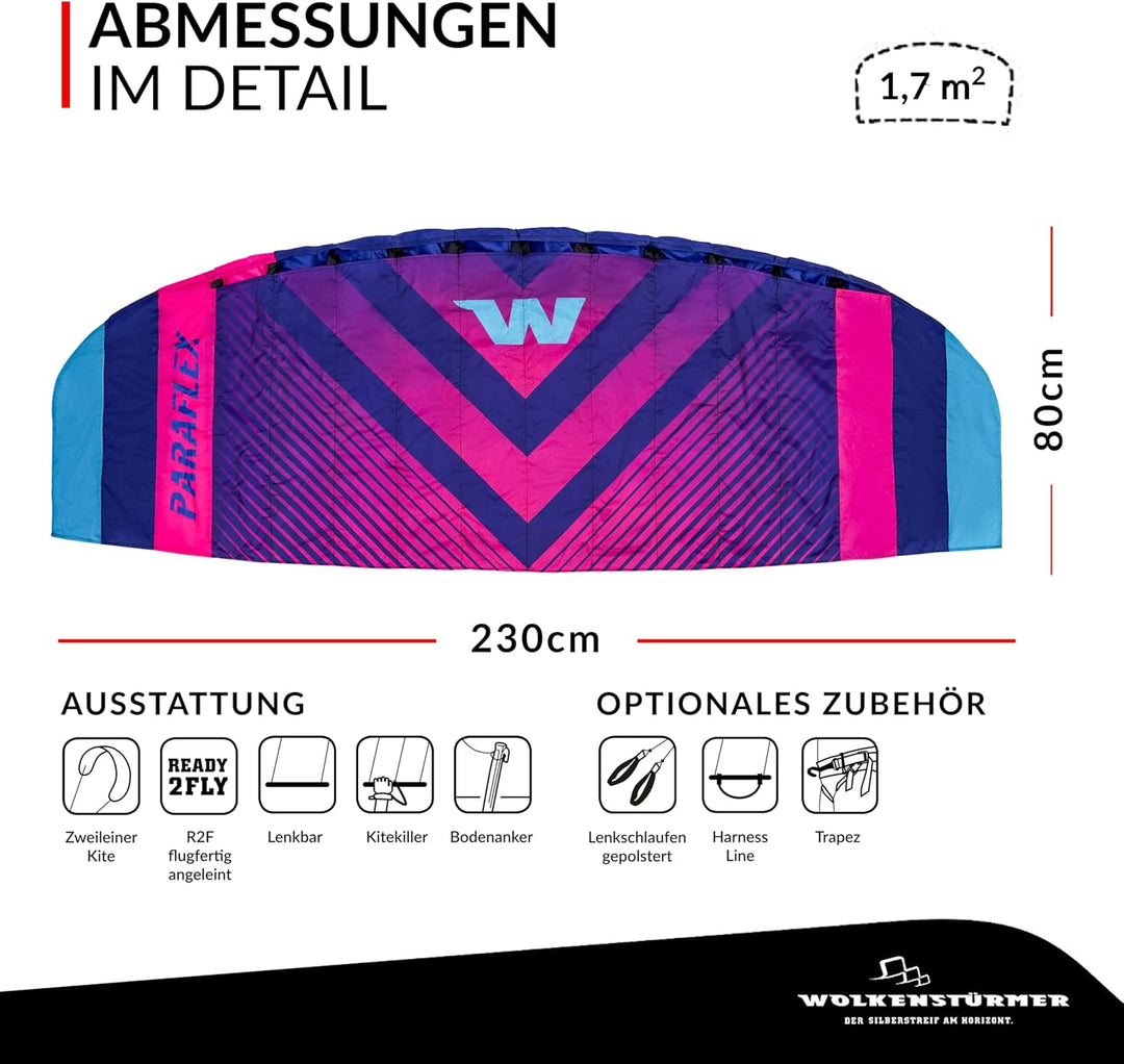 Wolkenstürmer® Paraflex Sport 2-Leiner Lenkmatte 2.3 blau - „Ready to Fly“ Lenkmatte inkl. Lenkbar -