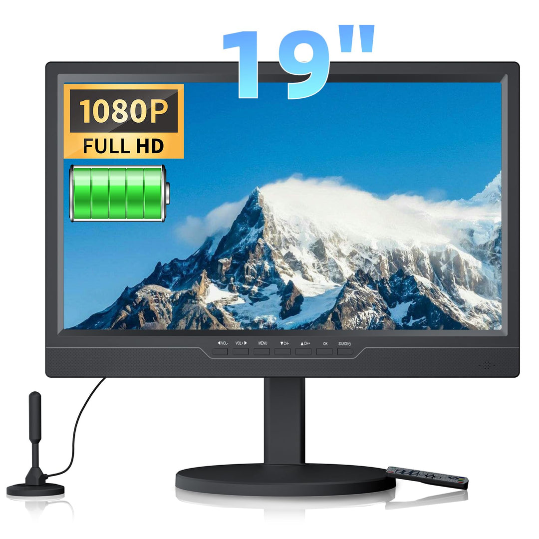 DESOBRY 19-Zoll Fernseher mit Batterie, Tragbarer Kleiner Fernseher DVB-T2 | 1080p, Mit Antenne, HDM