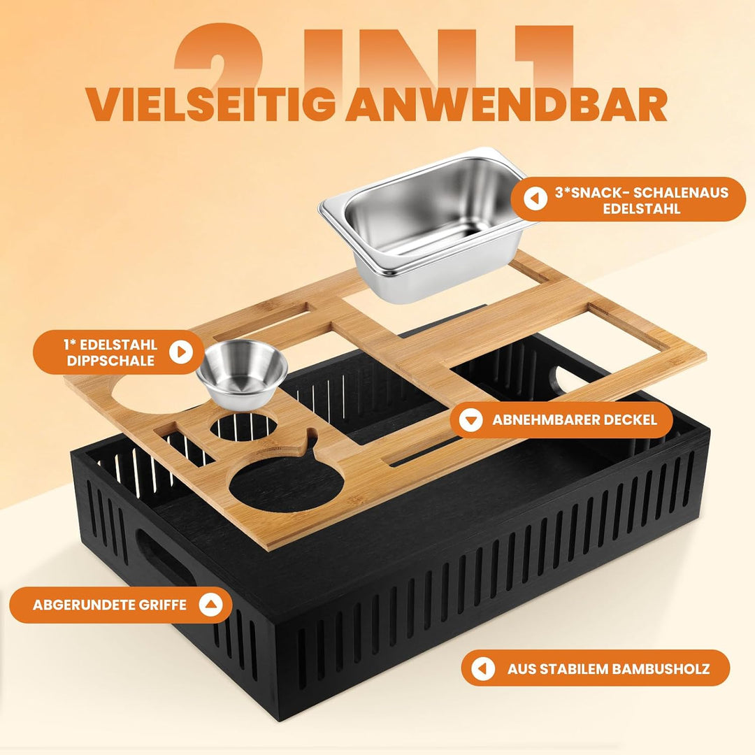 Couchbar Snackbox, Sofa Tablett mit 3 Edelstahl-Schalen 550 ml und Dip-Schale 30 ml, 2-in-1 abnehmba
