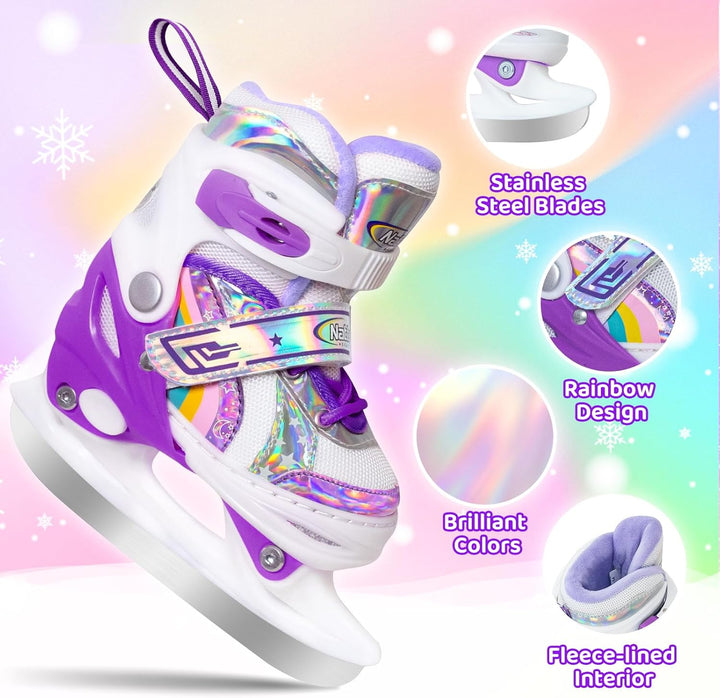 Nattork Mädchen Schlittschuhe für Kinder 4 Grössen verstellbar Regenbogen Schlittschuh mit Fleecefut