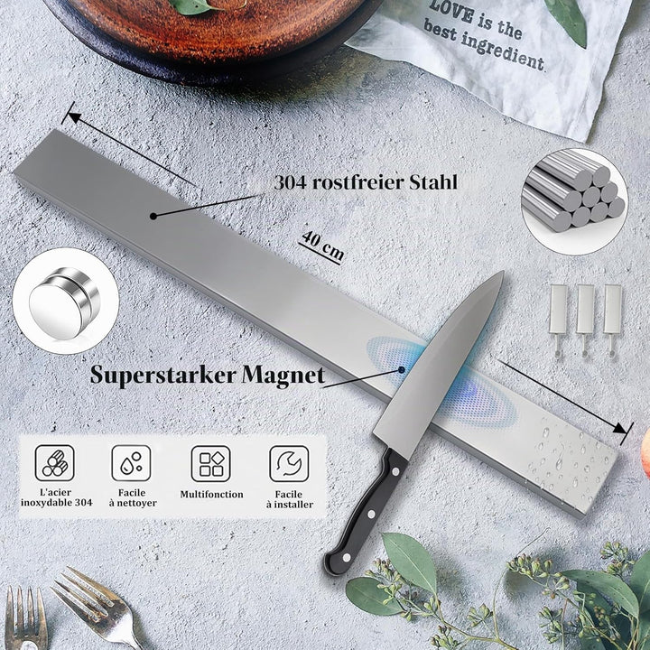 Magnetleiste Messer 40cm - Starker Magnetischer Messerhalter mit 3Haken - Edelstahl Magnetleiste zum