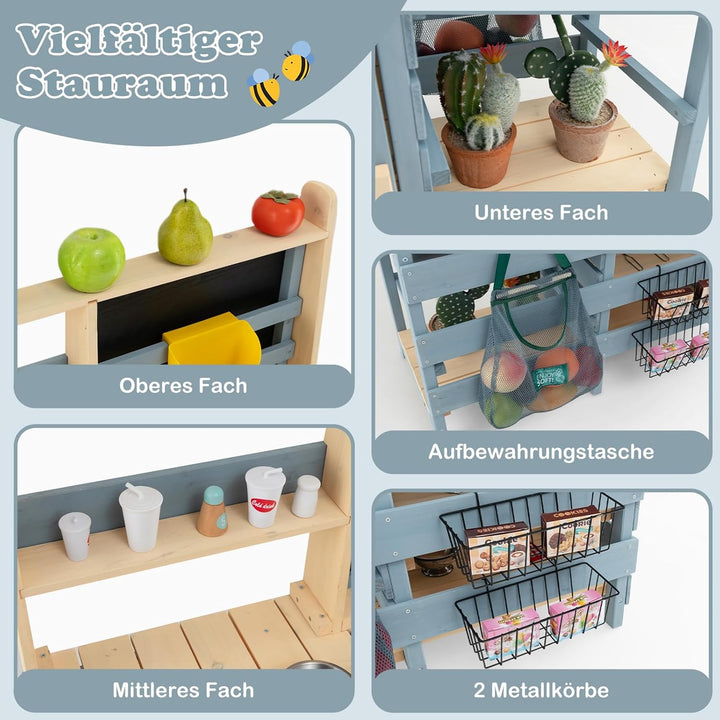 COSTWAY 2 in 1 Kinderküche & Kaufladen, Matschküche Outdoor Kinder, mit Tafel, Metallkörben, Aufbewa