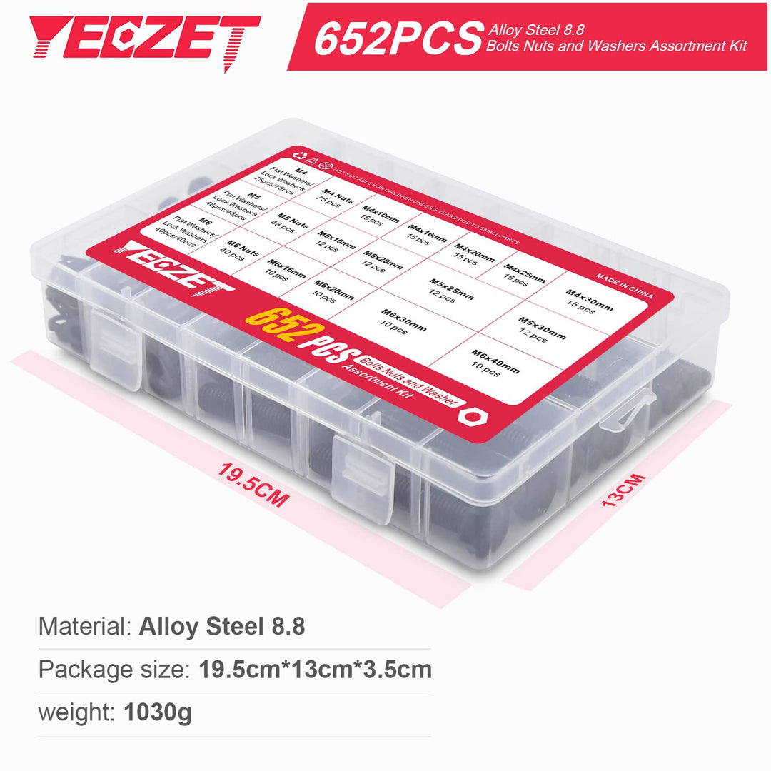 YEEZET 652 Pcs M4 M5 M6 Schrauben Sechskantschrauben Unterlegscheiben Federringe und Muttern Sortime