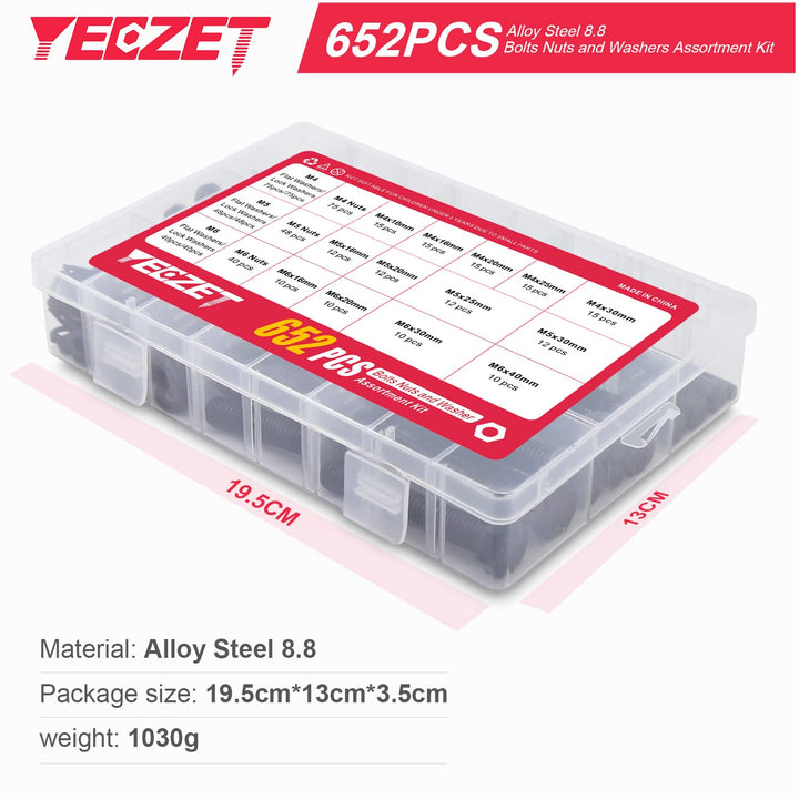 YEEZET 652 Pcs M4 M5 M6 Schrauben Sechskantschrauben Unterlegscheiben Federringe und Muttern Sortime