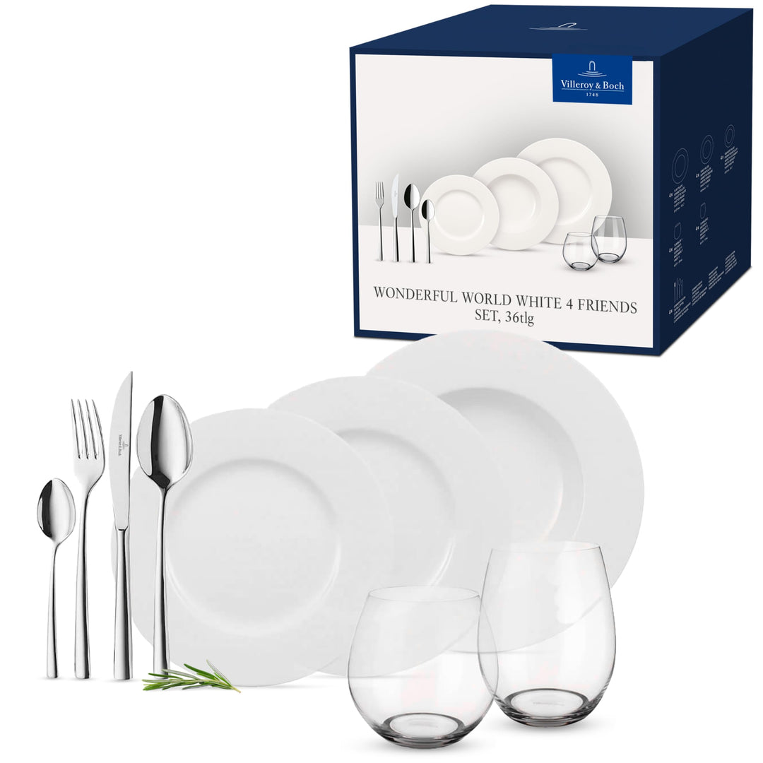 Villeroy und Boch - Wonderful World White 4 Friends Tafel Set, 36 tlg. Service für Feste, Premium Po