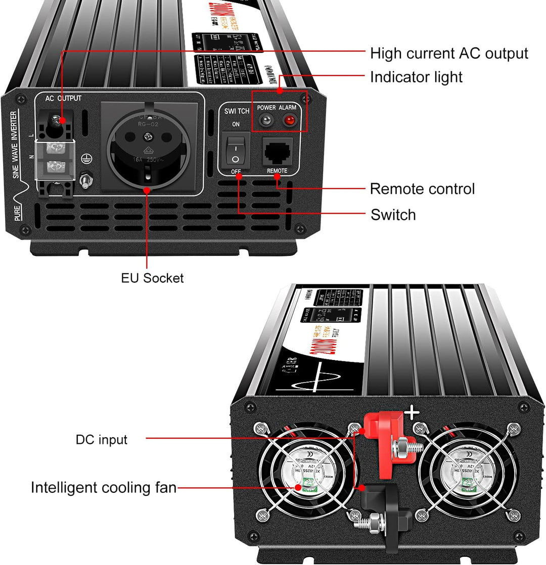 2000W wechselrichter 12v auf 230v Reiner Sinus wohnmobil 50HZ Solar Konverter für Zuhause Auto (DC12