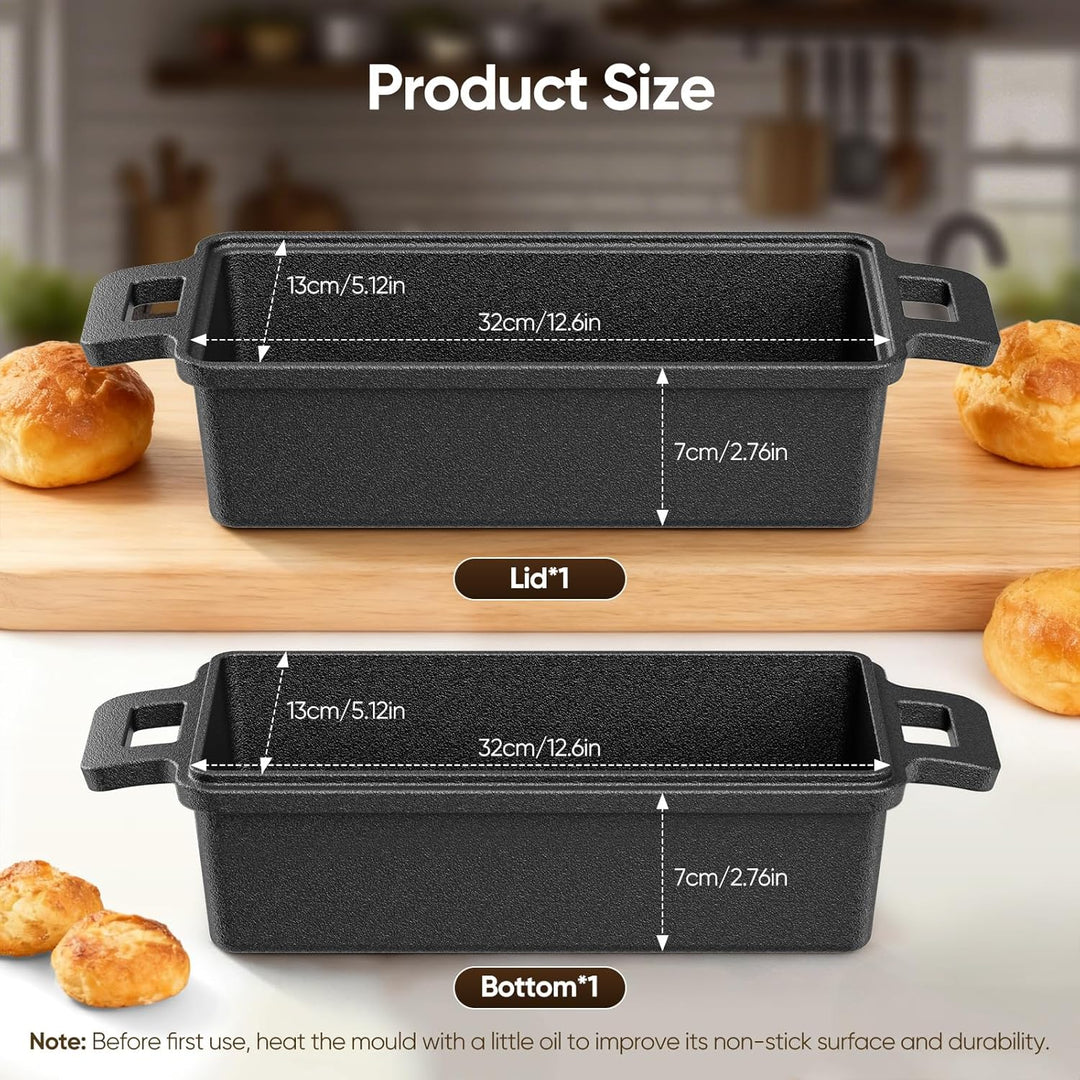 Brotbackform aus Gusseisen – 32cm Gusseisen Topf Brot backen mit Deckel, rechteckiger Brotbacktopf,