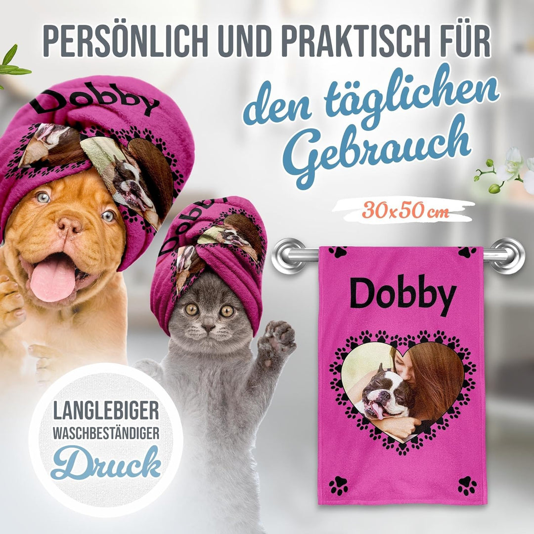 PR Print Royal Personalisiertes Hundehandtuch mit Foto & Name selbst gestalten - Pfoten-Herz - Pfote