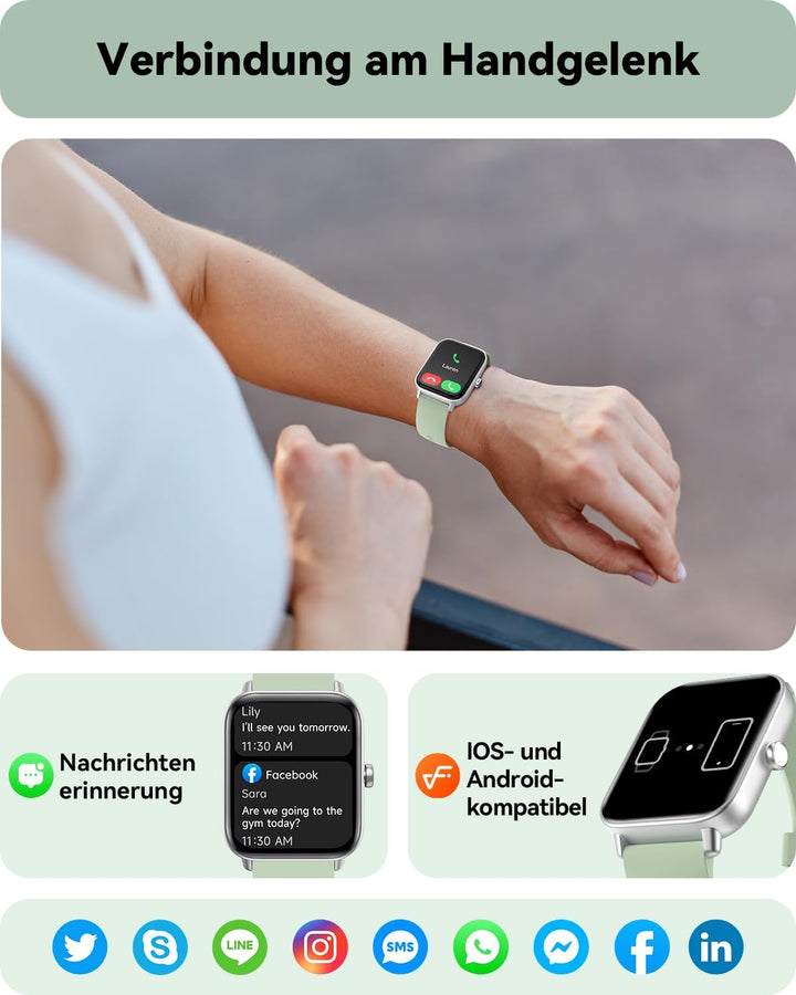 Smartwatch Damen mit Telefonfunktion,1,8" Fitnessuhr Herren mit Herzfrequenz SpO2 Stress Schlafmonit
