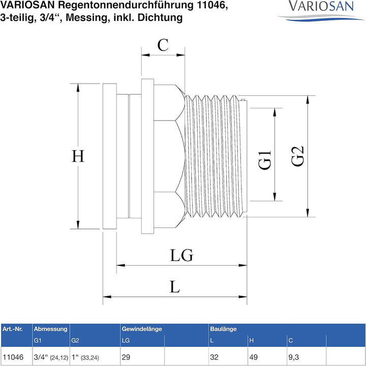 VARIOSAN Regentonnendurchführung + Kugelauslaufhahn + Saugkorb Set 14719, 3/4", Messing 3/4" + Ausla
