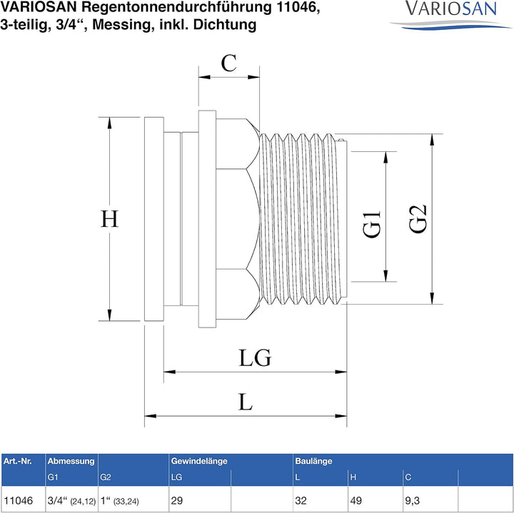VARIOSAN Regentonnendurchführung + Kugelauslaufhahn + Saugkorb Set 14719, 3/4", Messing 3/4" + Ausla
