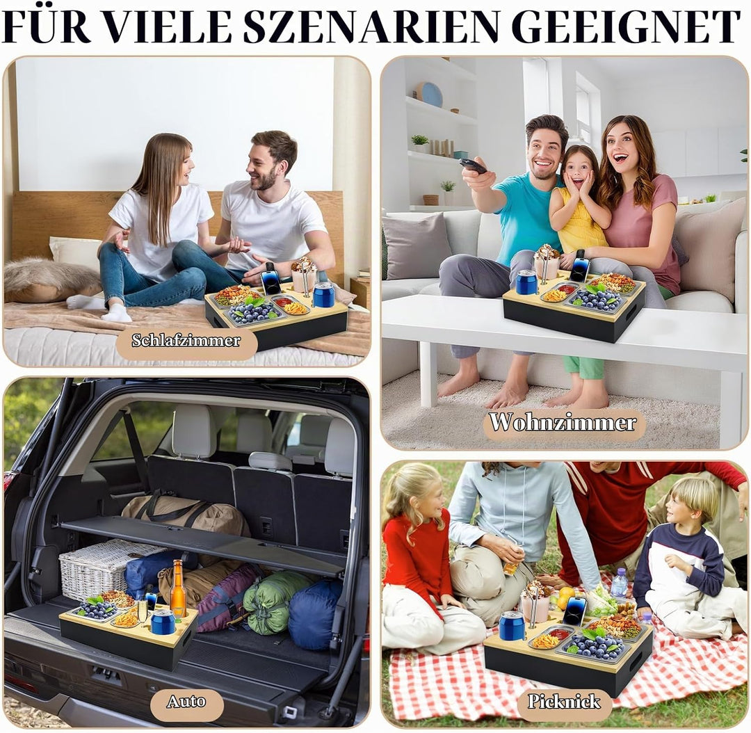Couchbar Snackbox mit Geschenkbox, Holz Couch Bar, Couch Tablett Mit Snackschalen Aus Edelstahl, Get