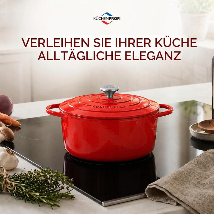 Küchenprofi Gusseisen Bräter mit Deckel, rot/innen schwarz , 24 cm, Schmortopf, Auflaufform, Dutch O