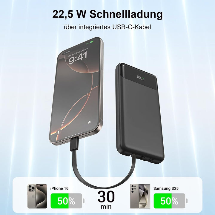 Powerbank 20000 mAh mit Integrierten 3 Kabeln, 22,5 W Schnellladung Power Bank Tragbares Ladegerät P