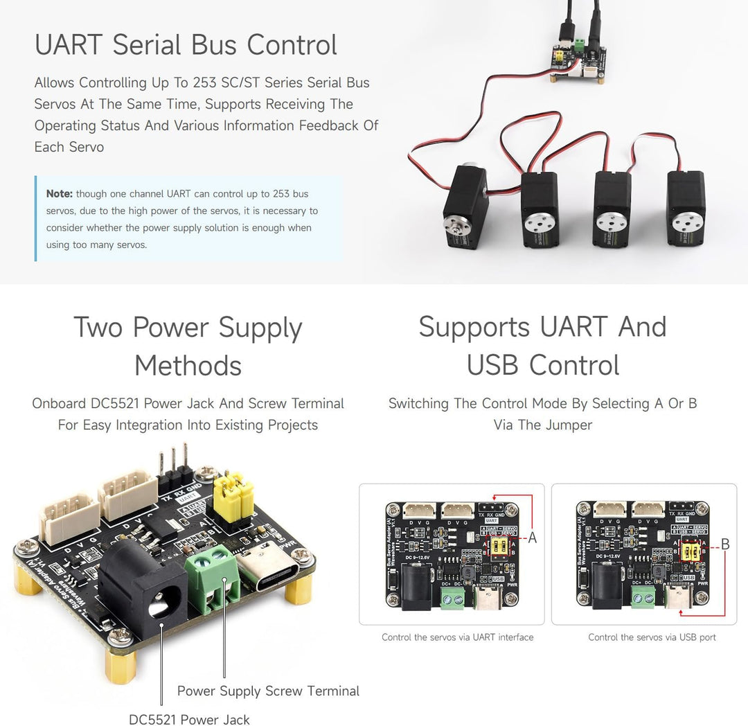 Waveshare 2PCS Serial Bus Servo Driver Board, Integrates Servo Power Supply & Control Circuit, Appli