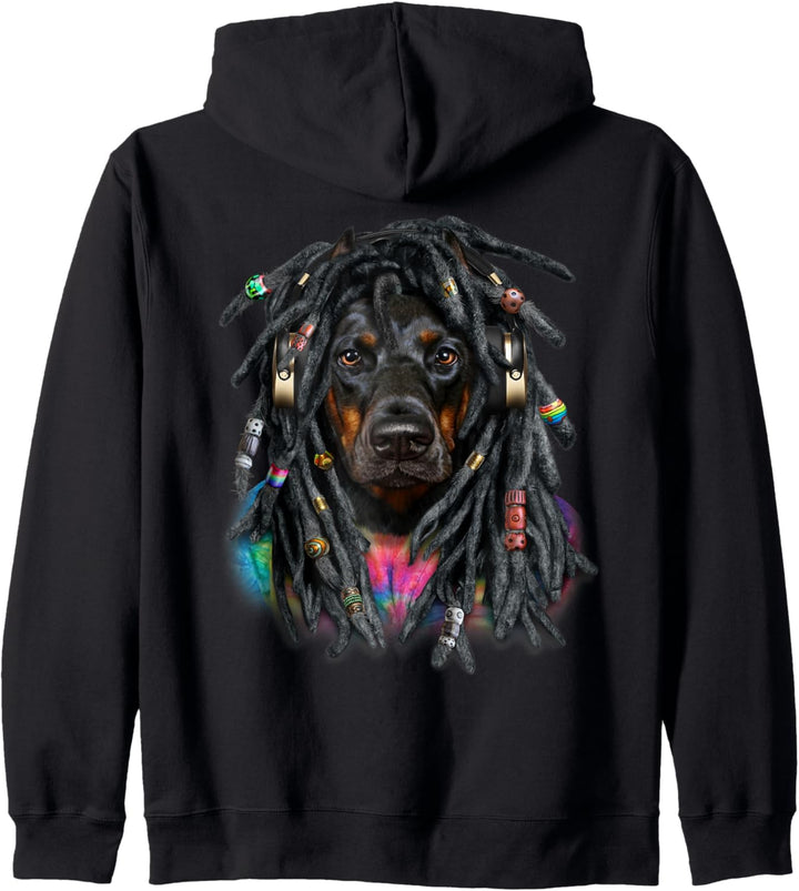 Dobermannhund mit Reggae-Dreadlocks-Haaren Kapuzenjacke