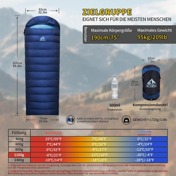 Ultraleichter Daunenschlafsack (680FP) – Kompaktes Packmass – 3 Jahreszeiten Schlafsack für Erwachse