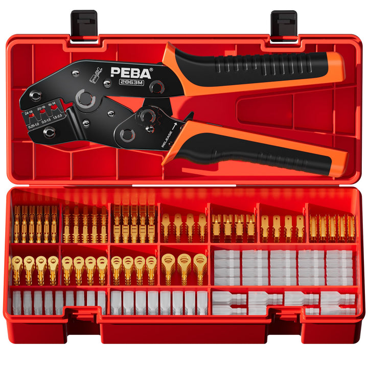PEBA Crimpzange inkl. 11 Arten Flachsteckhülsen Set, Crimper für 0,25-2,50 mm² Spade Steckverbinder