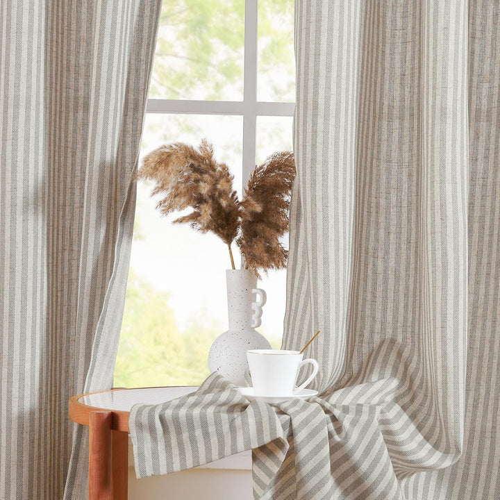 TOPICK Leinen Vorhänge Gestreifte Gardinen mit Ösen Modern Beige Leinenoptik Vorhang Wohnzimmer Priv
