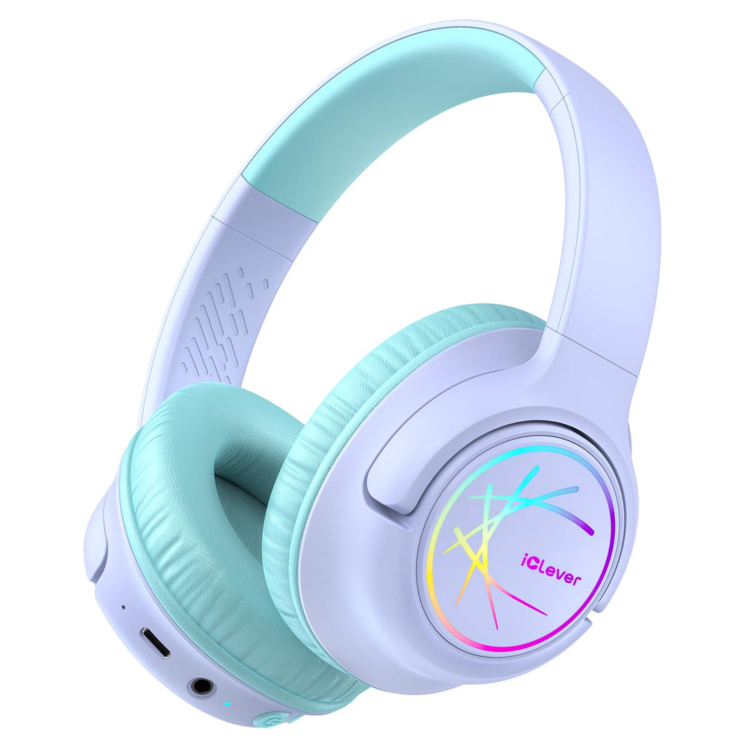 iClever Bluetooth kopfhörer Kinder mit LED-Leuchten, 74/85/94dB Lautstärkebegrenzung, 43 Stunden Spi