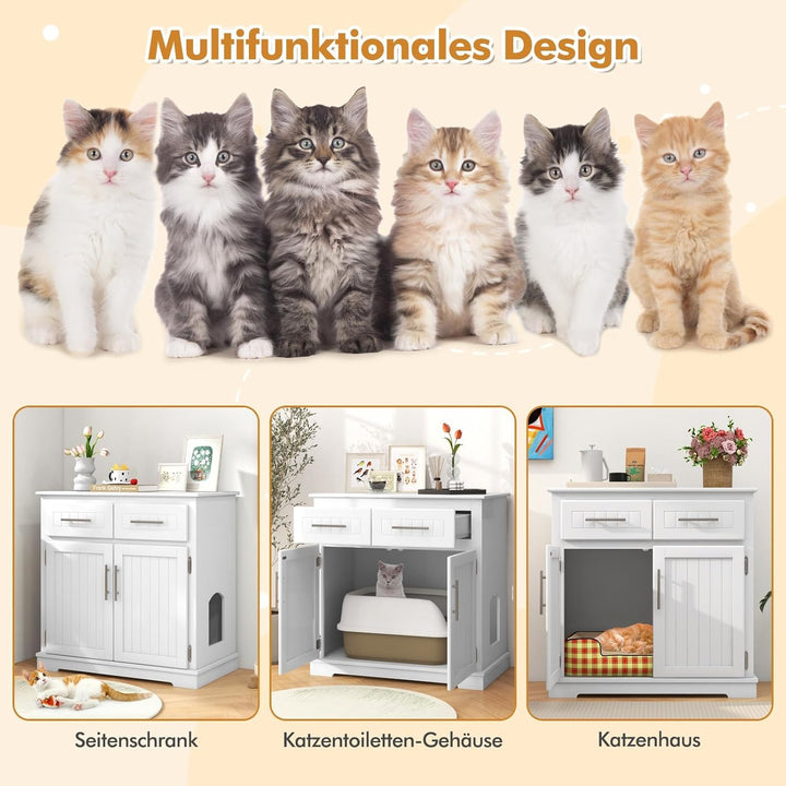 COSTWAY Katzenschrank für Katzentoilette, Katzenklo Schrank mit 2 Schubladen, 2 Türen & Eingang, Kat