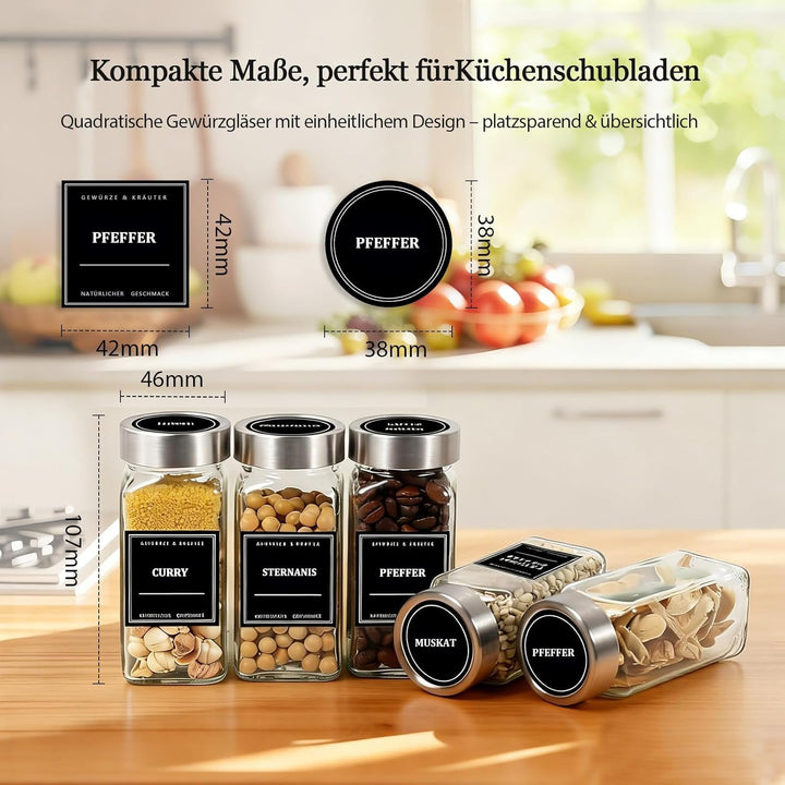 Gewürzgläser Set 24er [120ml, Eckig & Luftdicht] mit Edelstahldeckeln, Etiketten & Streueinsätzen -
