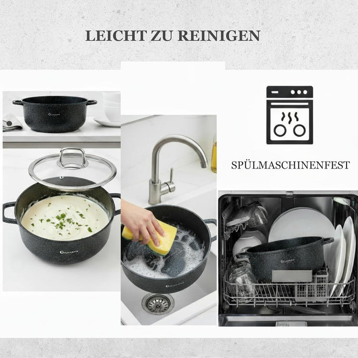 GOLDMANN Premium Gussaluminium Kochtopf 20 cm (2,3 L) – Keramik-Marmor Antihaft-Kasserolle mit Glasd