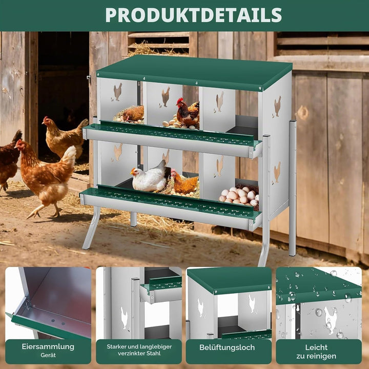 Legenester Für Hühner 6 Abteile, 84.5 x 42 x 90.3CM, Rollnestkasten Hühnernest Aus Metall Mit Auffan