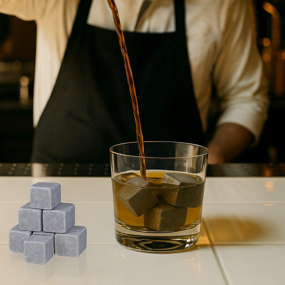 9 Stück Whisky Steine Set aus natürlichem Speckstein, on The Rocks Kühlsteine mit praktischen Stoffb