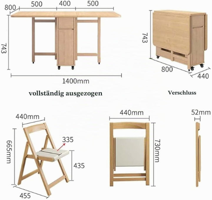 HiFi Rack Audio Regal Klapptisch esstisch, Vielseitiger Klapptisch Küche, mit Rollen und 4 Stühlen,