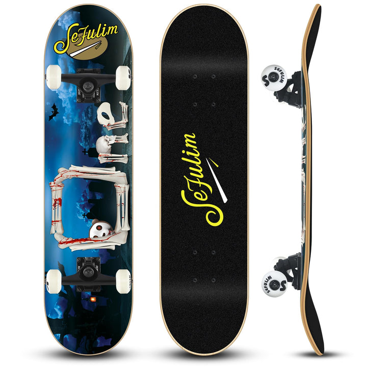 Sefulim 78,9 x 20,3 cm komplettes Skateboard, 7-lagig, kanadischer Ahorn, Doppel-Kick-Deck-Skateboar