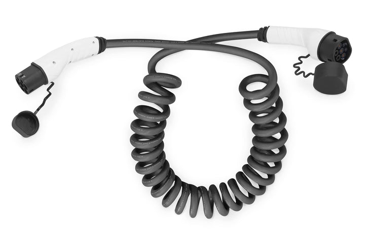 DIGITUS Kfz Ladekabel Spiral 10 m Typ 2 auf 2 m Schwarz Spirale einphasig 1-Phasig – 32 A – 7,4 kW S