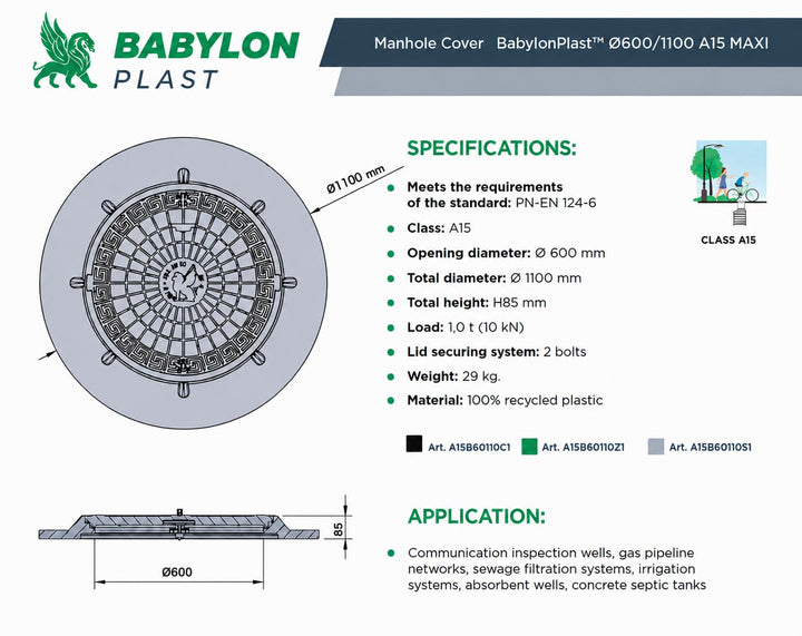 BABYLONPLAST Schachtabdeckung Ø 1100 mm, Schachtdeckel DN1100/600, 10 kN - Hochbelastbarer Kunststof