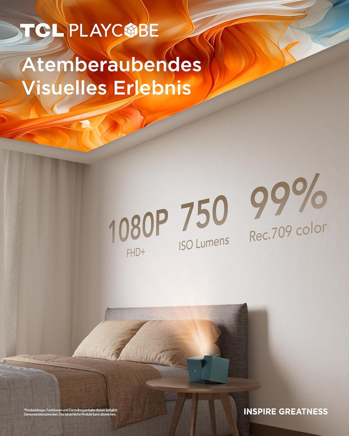TCL PlayCube DLP Mini Beamer 4K mit Akku, 750 ISO Lumen, Offizielles Google TV (APV/Netflix/Disney),