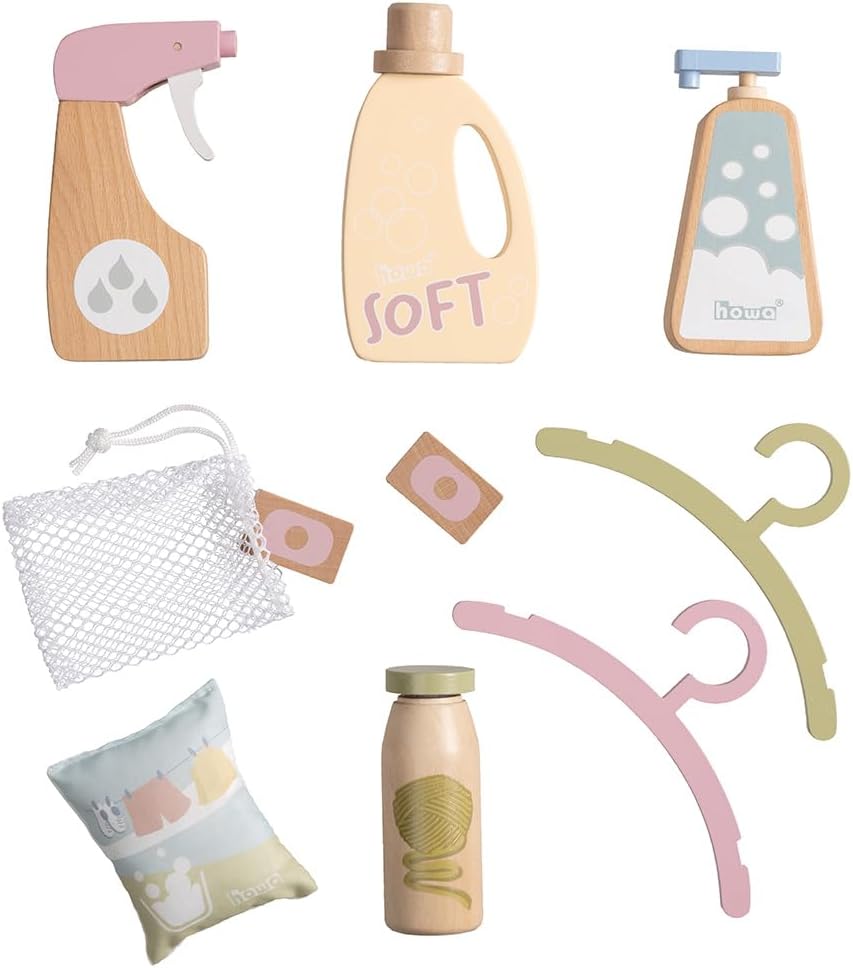 howa Kinderwaschmaschine Zubehör Wäschepflege Set Wäschezubehör Kaufladenzubehör Spielzeug Holz 10 T