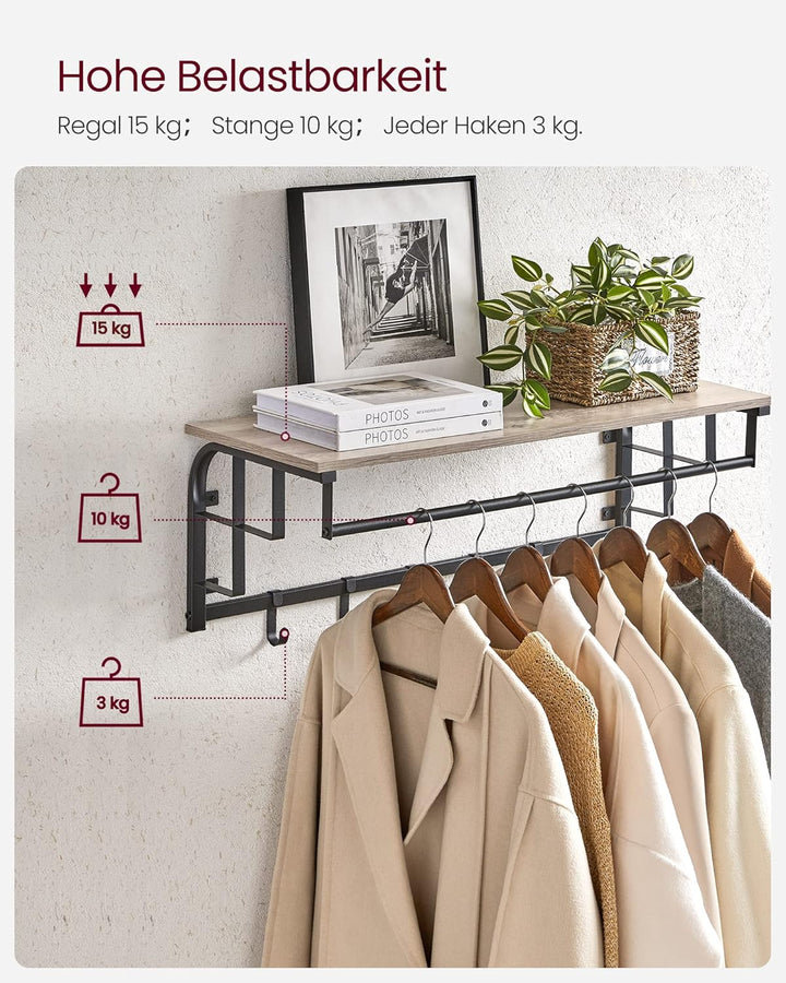 VASAGLE Wandgarderobe mit Aufbewahrungsregal, Wandregal mit 5 abnehmbaren Haken, Hängeregal mit Klei