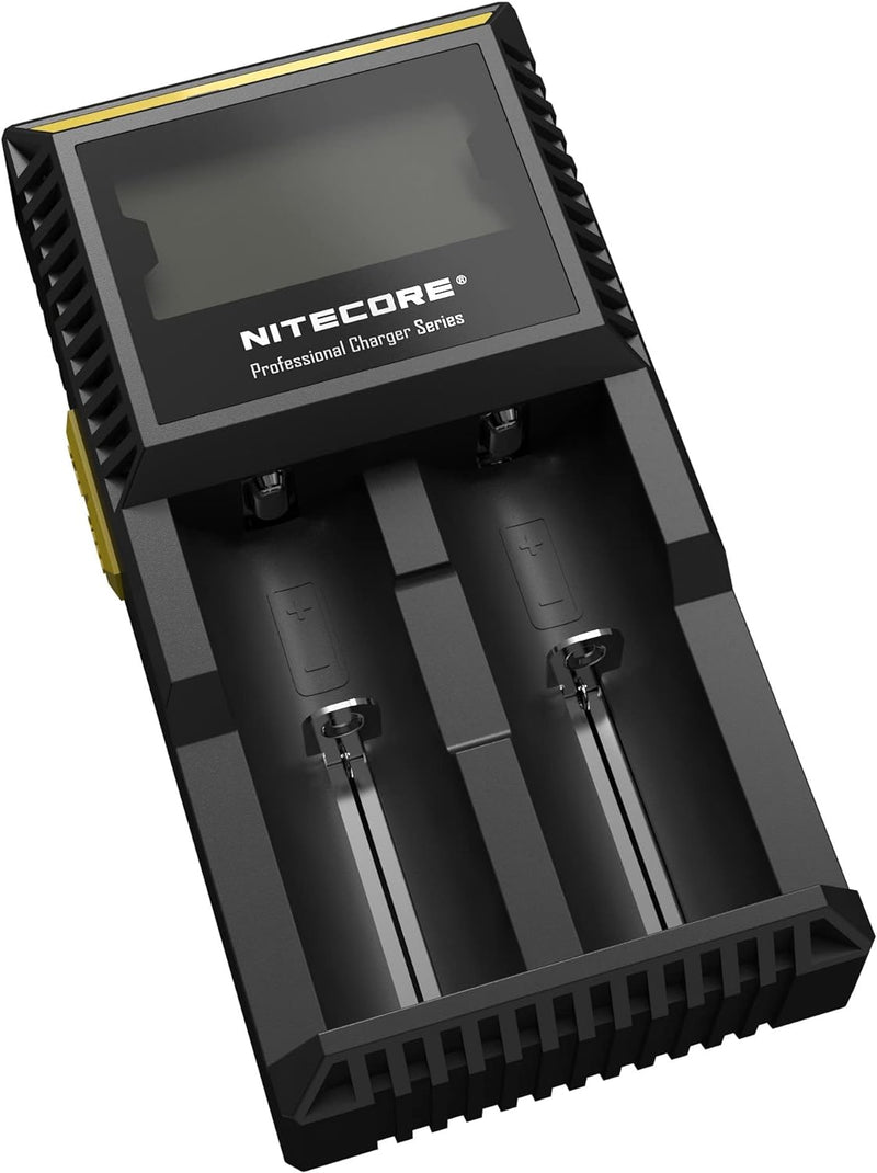 Nitecore D2EU - Universalladegerät für Li-Ion, Ni-MH, Ni-CD und LiFePO4 Akkus, LCD Display Schwarz,