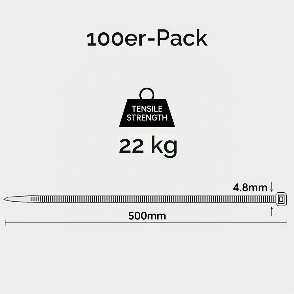 100 Stück 500mm × 4,8mm Weiss Kabelbinder mit 22 kg Zugfestigkeit UV-Beständig Lang Nylon Kunststoff
