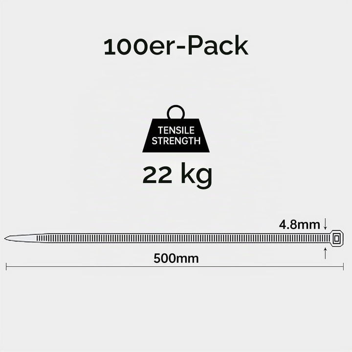 100 Stück 500mm × 4,8mm Weiss Kabelbinder mit 22 kg Zugfestigkeit UV-Beständig Lang Nylon Kunststoff