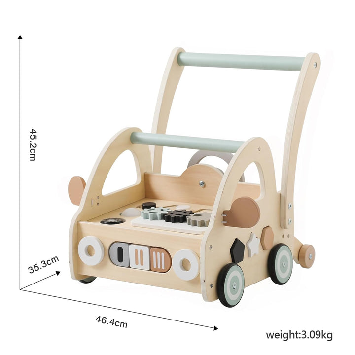 Lauflernwagen Holz, Multifunktion Montessori Spielzeug mit Formensortierung Spielbrett, Lauflernhilf